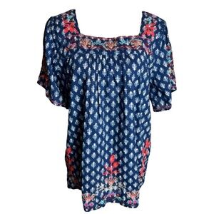 100%Cotton Flutter Sleeve Embroidered Blue Blouse